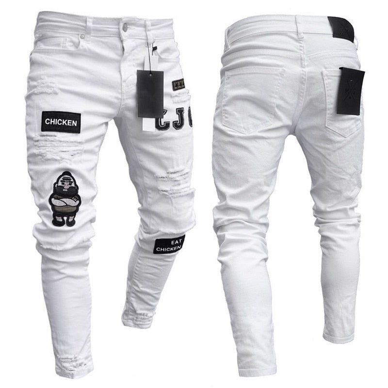 Men's Painted Skinny Slim Fit Straight Ripped Distressed Pleated Knee Patch Denim Pants Stretch Jeans