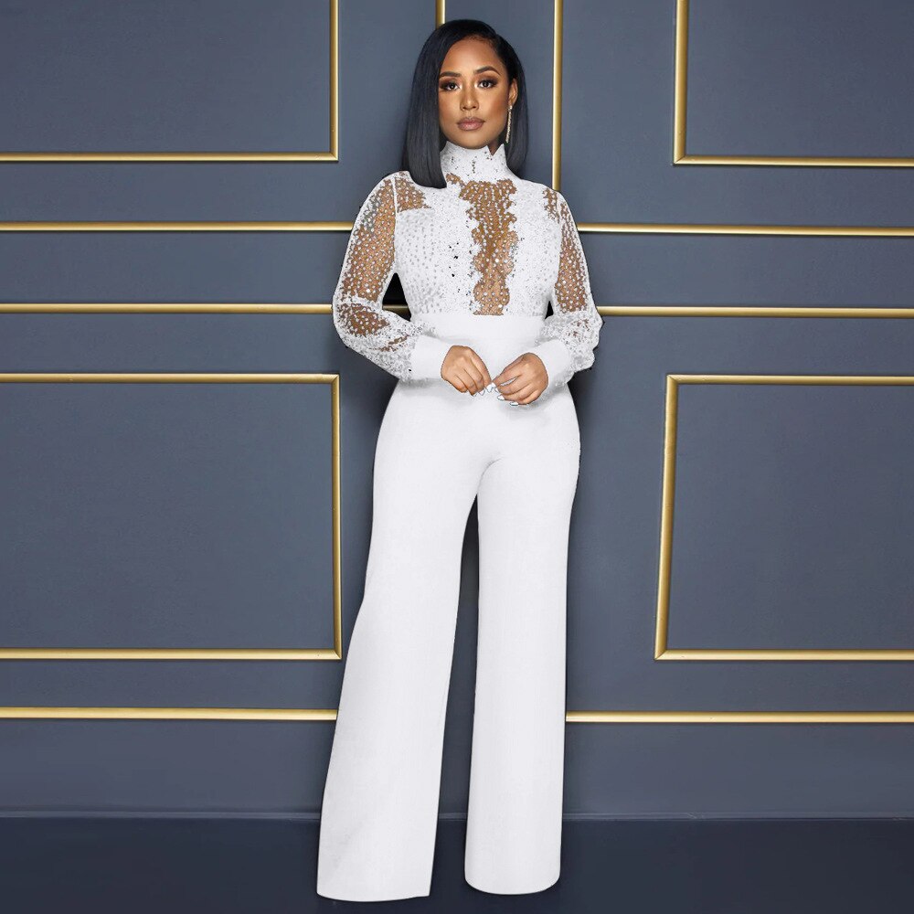 Jumpsuits for Women Dressy Party High Neck Sequin Lace See Through Long Sleeve Wide Leg Rompers White Black One Piece Outfits