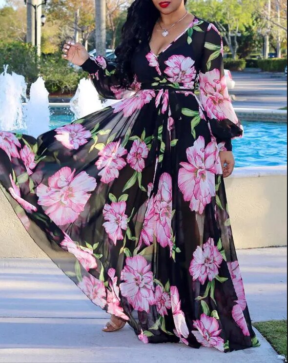 Sexy Women's long dress, Sexy Deep V Tropical Print Belt Warp Maxi Dress,