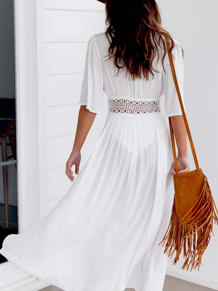 Sexy Beach Long Maxi Dress Women Bikini Cover Up White V Neck Dress Robe