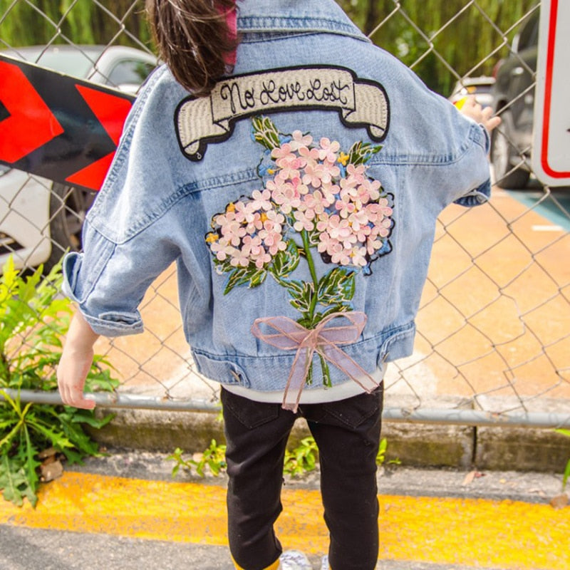 Spring Autumn Kids Denim Jackets for Girls Baby New Flower Embroidery Coats Fashion Children Outwear Ripped Jeans Jackets