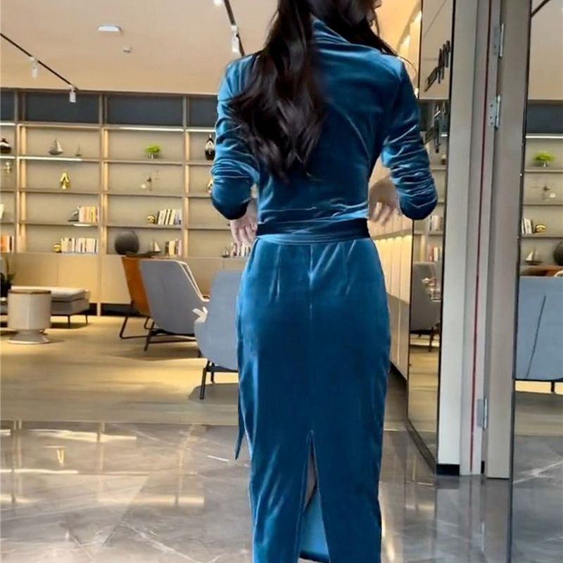 Limiguyue Long Velvet DressHigh Waist Vintage Women V Neck Sheath Sexy Wrap Dress Slim Lace-up Autumn Winter Evening Party T064