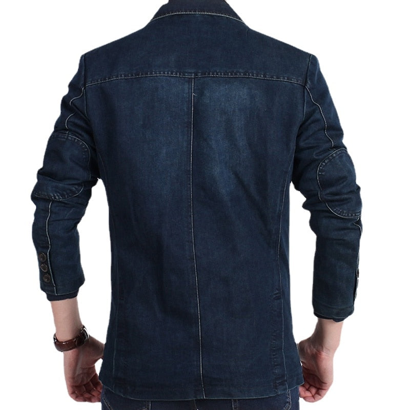 Blazers Jacket Men Casual Denim Slim Pocket Splicing Coat Turn-down Collar Blazers Jacket