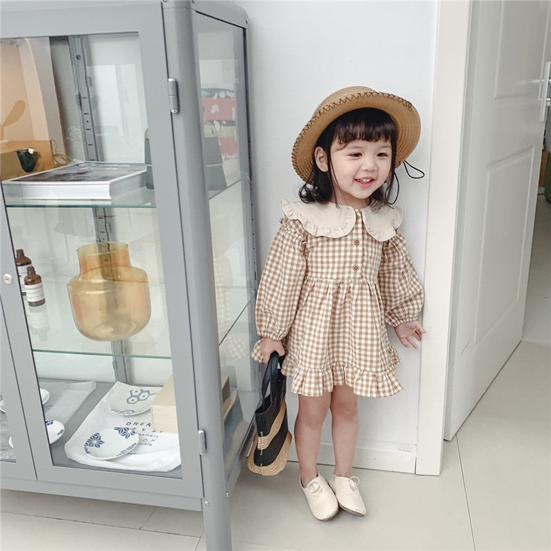 Spring Summer Girls Clothing Cute Children Dresses Kids Baby Girl Plaid Cotton Linen Lapel Collar Dress Long Sleeve Skirt