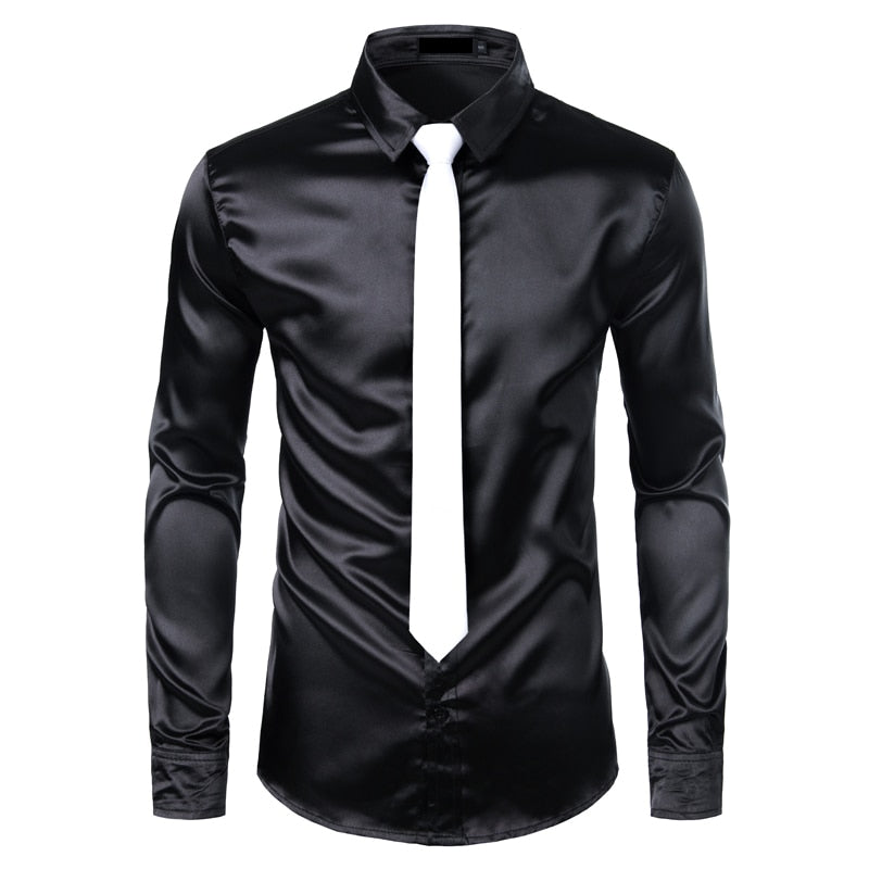 2pcs Silver Silk Shirt+Tie Mens Satin Smooth Tuxedo Shirts