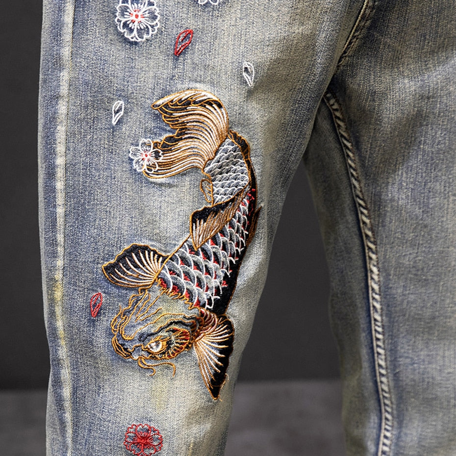 Carp Embroidered Jeans Men Streetwear Denim Pants Fashion Ripped Jeans Pants Plus Size 40 41 Trousers Male Bottoms
