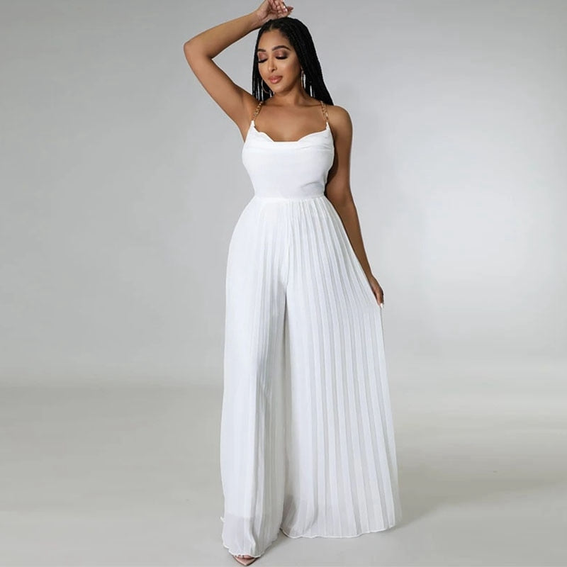 Sexy Women Solid Chiffon Jumpsutis Summer Chain Spaghetti Strap Backless Pleated Overall