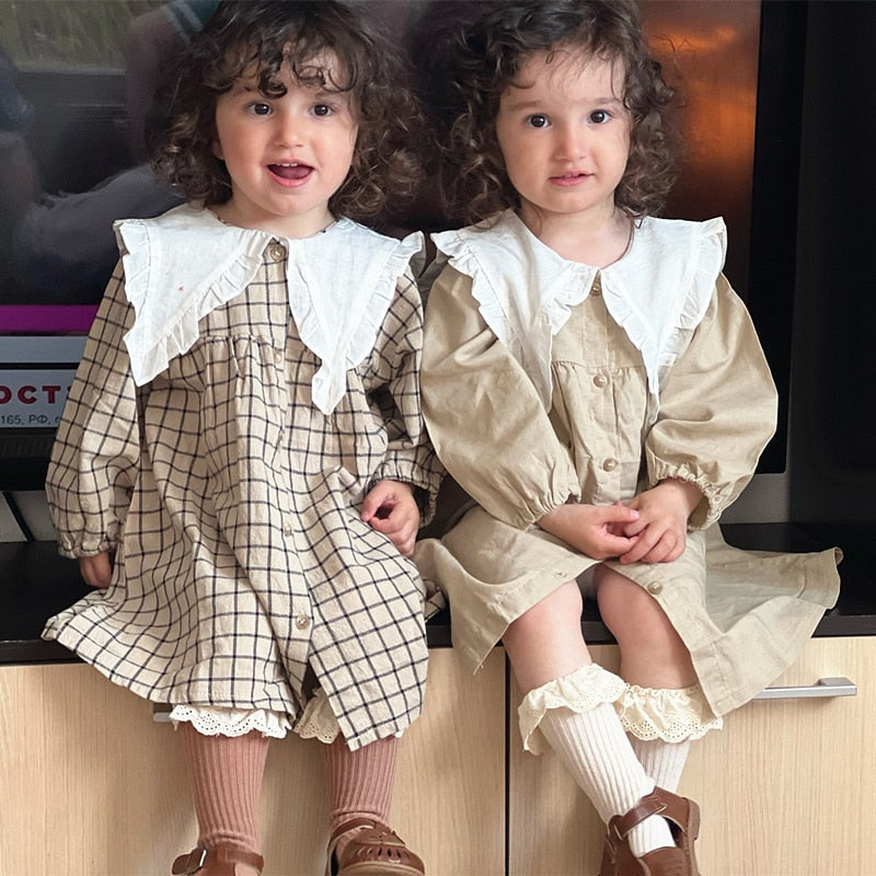 Baby Girls Dress Casual Plaid Clothes Summer 2022 New Korean Cotton Linen Girls Princess Dress
