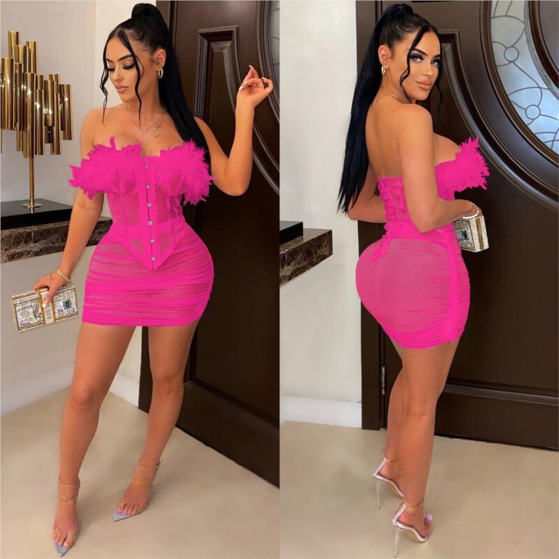 Sexy Nightclub Wear 2 Piece African Set Solid Sleeveless Mesh Perspective Feather Top Folds Mini Skirt Matching Women Set Summer
