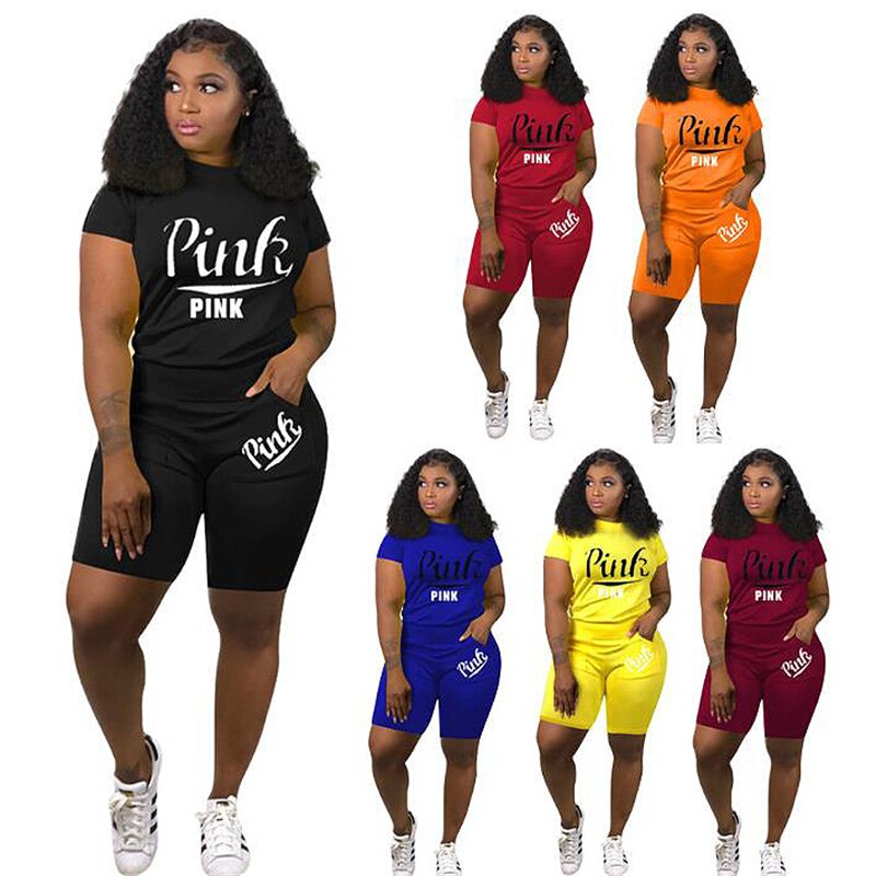Summer Tracksuit Set For Plus Size Women 2XL Pink Letter Print Top Biker Shorts Suits Casual 2 Piece Set Sport Outfits Sweatsuit