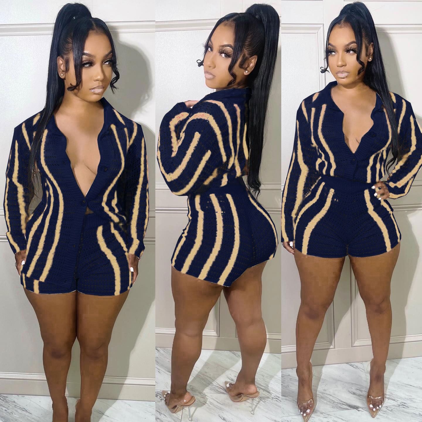 Casual Women Striped Sweater Two Piece Set Cardigan Coat + Pants Slim Bodycon Streetwear Clothes For Women Outfit