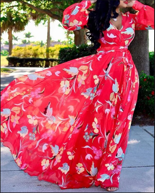 Sexy Women's long dress, Sexy Deep V Tropical Print Belt Warp Maxi Dress,
