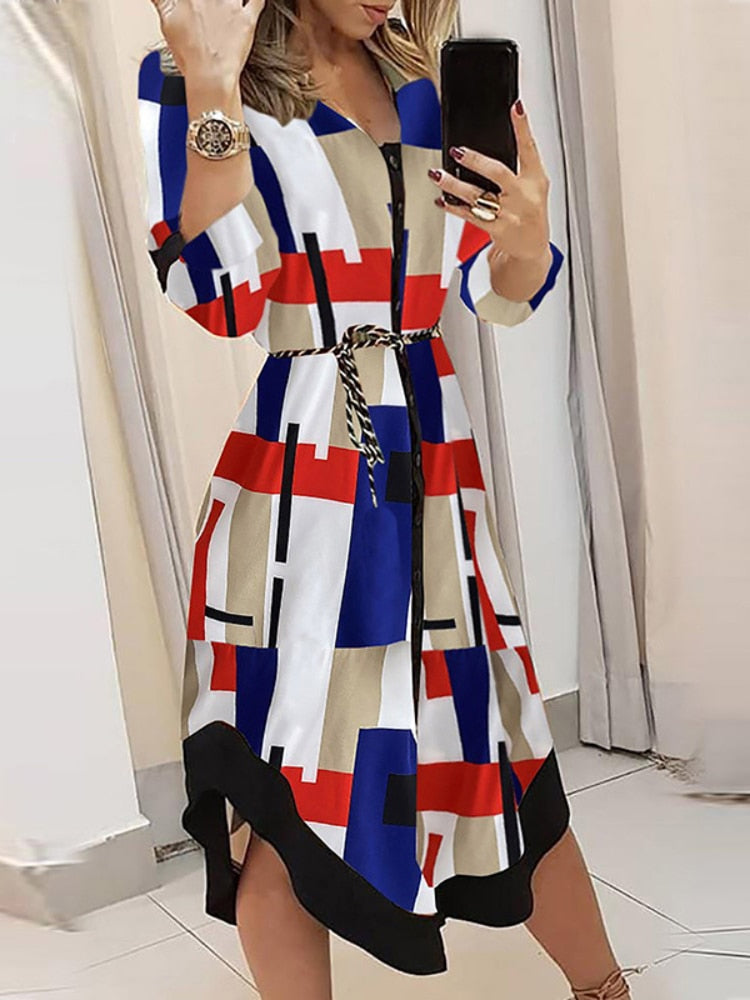 Dresses for Women 2023 Sexy Robe Mid Length Fashion Print Polo Neck Small Style Lace Up Waist Dress Long Summer Dresses Ladies