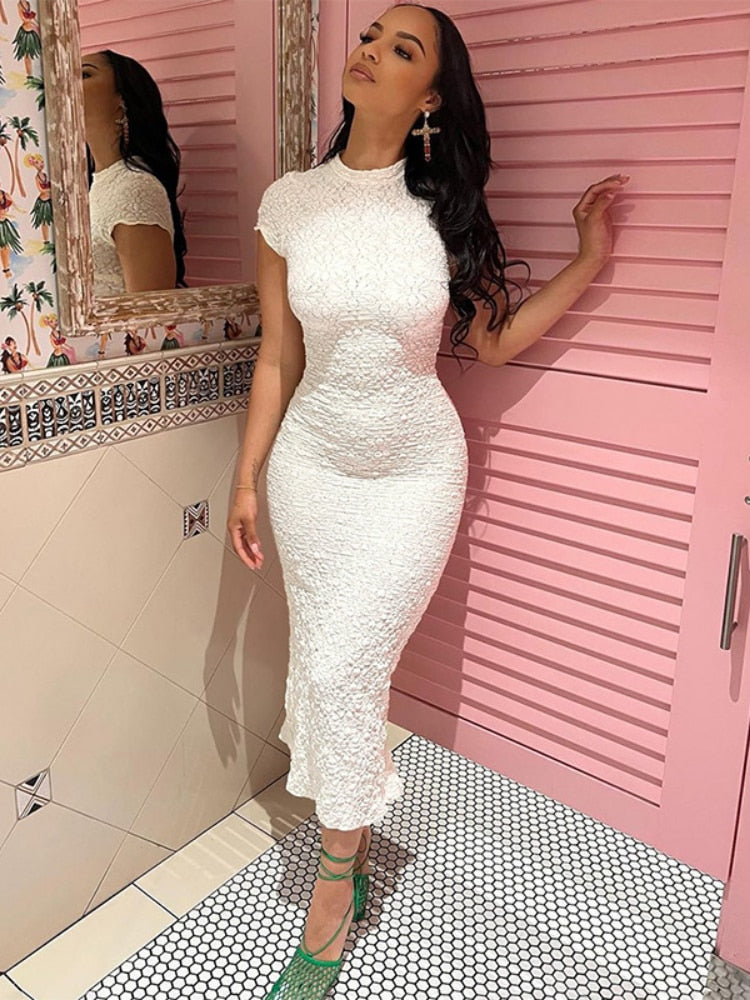 fitted lace wedding dress XIZOU Elegant Bodycon Maxi Dresses Women Summer Round Neck Short Sleev