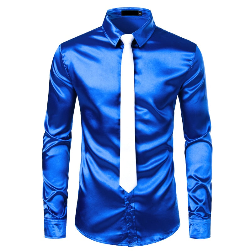 2pcs Silver Silk Shirt+Tie Mens Satin Smooth Tuxedo Shirts