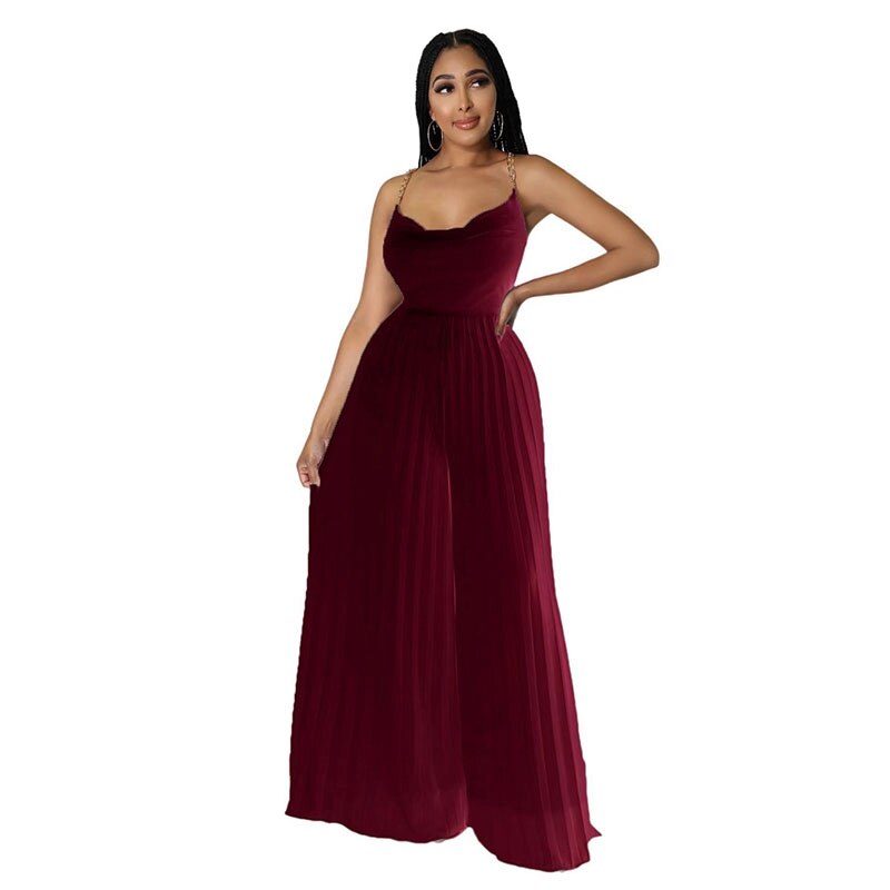 Sexy Women Solid Chiffon Jumpsutis Summer Chain Spaghetti Strap Backless Pleated Overall