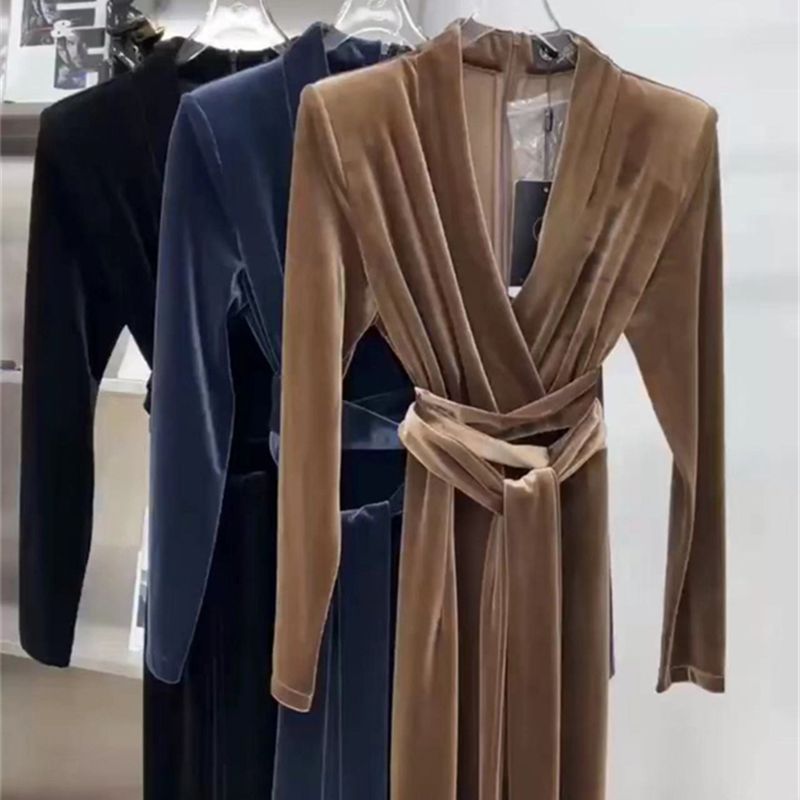 Limiguyue Long Velvet DressHigh Waist Vintage Women V Neck Sheath Sexy Wrap Dress Slim Lace-up Autumn Winter Evening Party T064