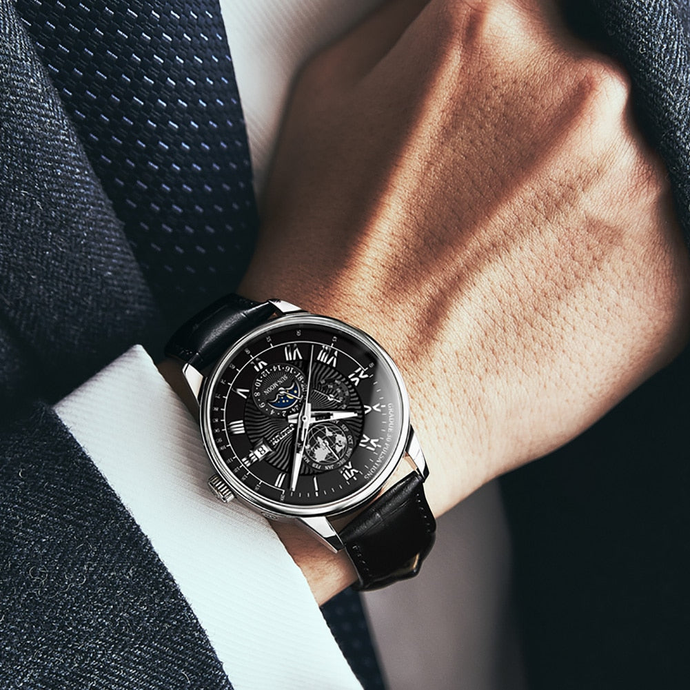 JSDUN Men's Mechanical Watch Luminous Leather Strap Waterproof Man Watch Top Brand Luxury Business Watch For Men Moonswatch 8909