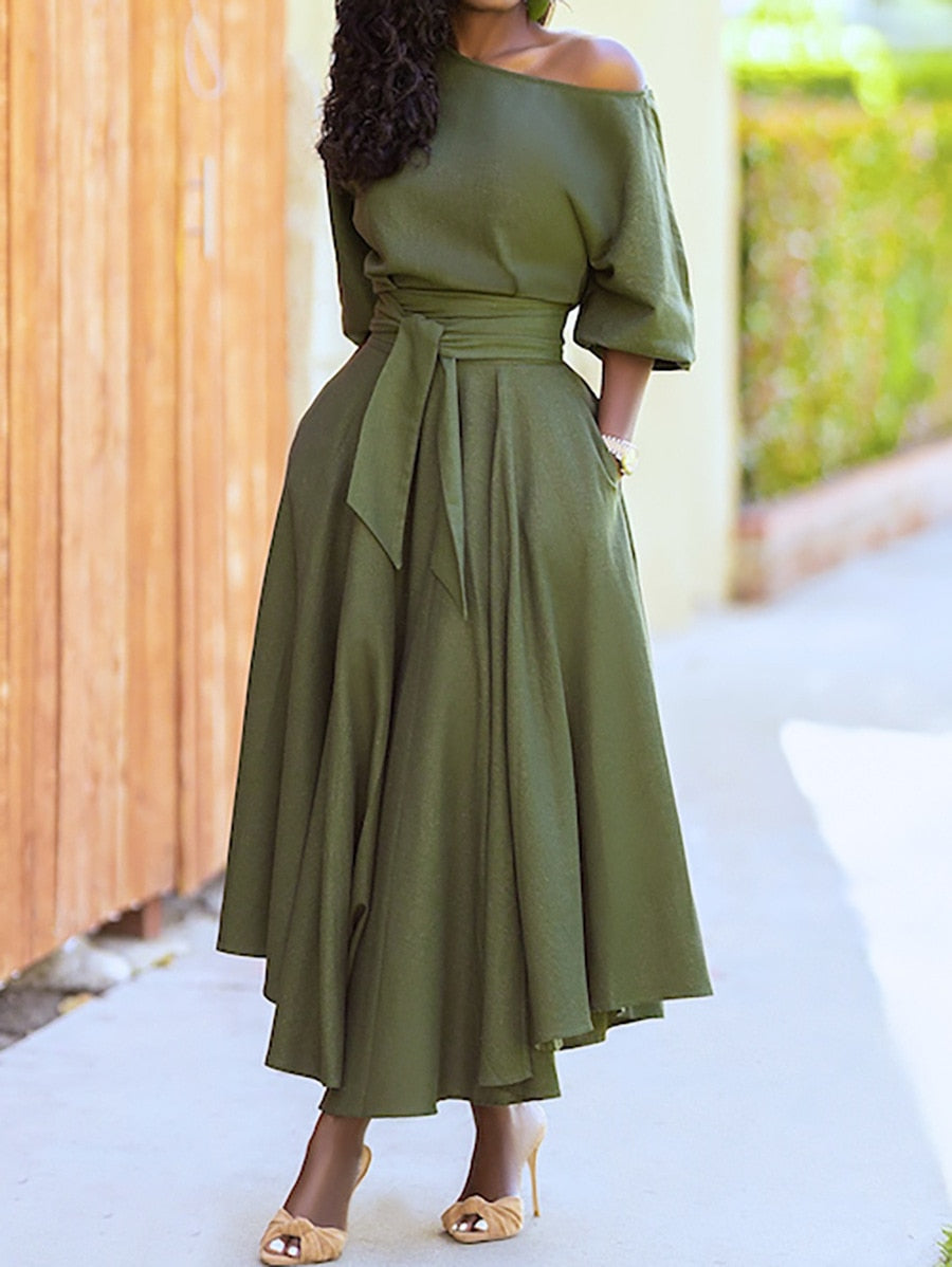 Easter Dresses Khaki Fashion Elegant Solid With Belt Oblique Collar Waist Skirt Dresses(Khaki/M)