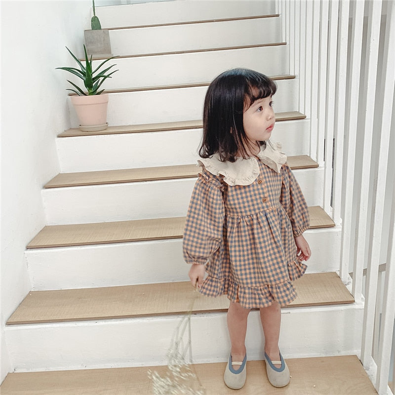 Spring Summer Girls Clothing Cute Children Dresses Kids Baby Girl Plaid Cotton Linen Lapel Collar Dress Long Sleeve Skirt