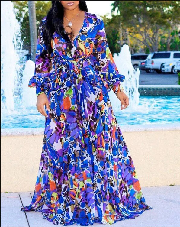 Sexy Women's long dress, Sexy Deep V Tropical Print Belt Warp Maxi Dress,