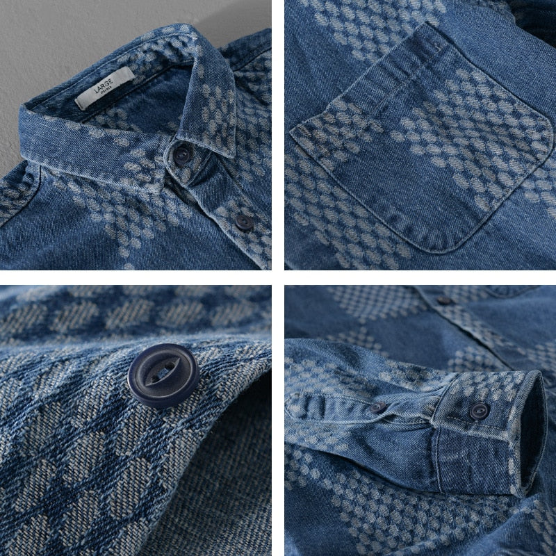 Men's Long Sleeve Denim Shirt Fashion Casual Big Grid Fashion Handsome Young Man Loose Top Coat