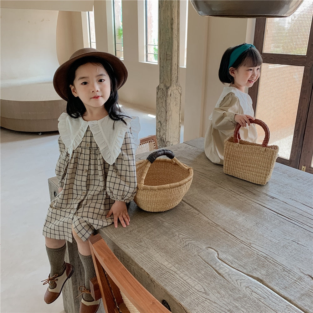 Baby Girls Dress Casual Plaid Clothes Summer 2022 New Korean Cotton Linen Girls Princess Dress