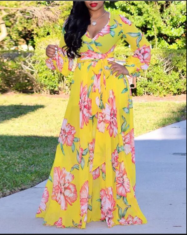 Sexy Women's long dress, Sexy Deep V Tropical Print Belt Warp Maxi Dress,