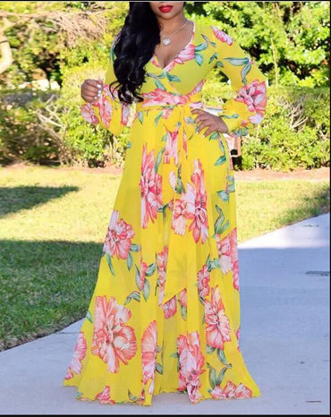 Sexy Women's long dress, Sexy Deep V Tropical Print Belt Warp Maxi Dress,