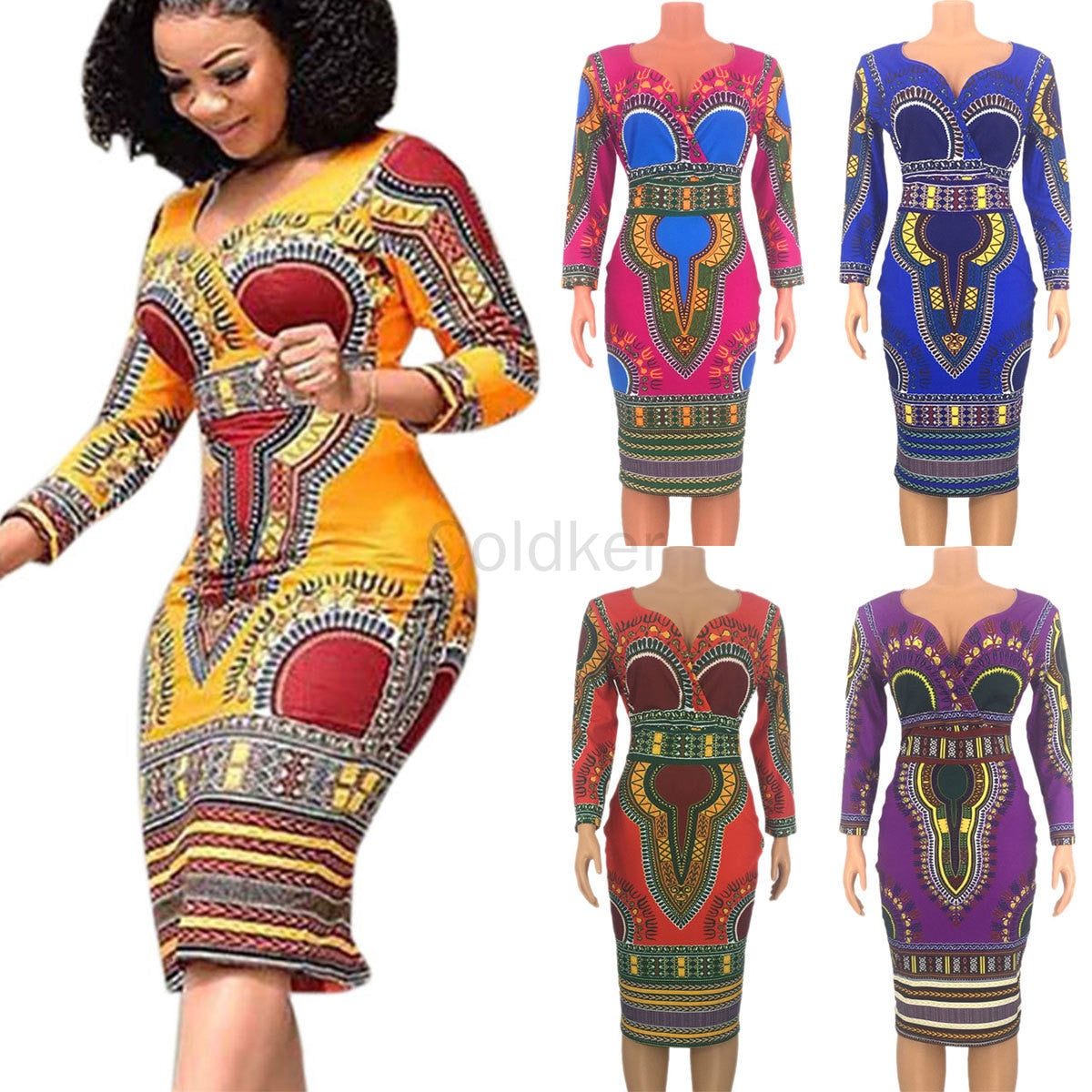 Sexy African Dresses for Women Cosplay Costume Dashiki Print Tribal Ethnic Fashion V-neck Dress