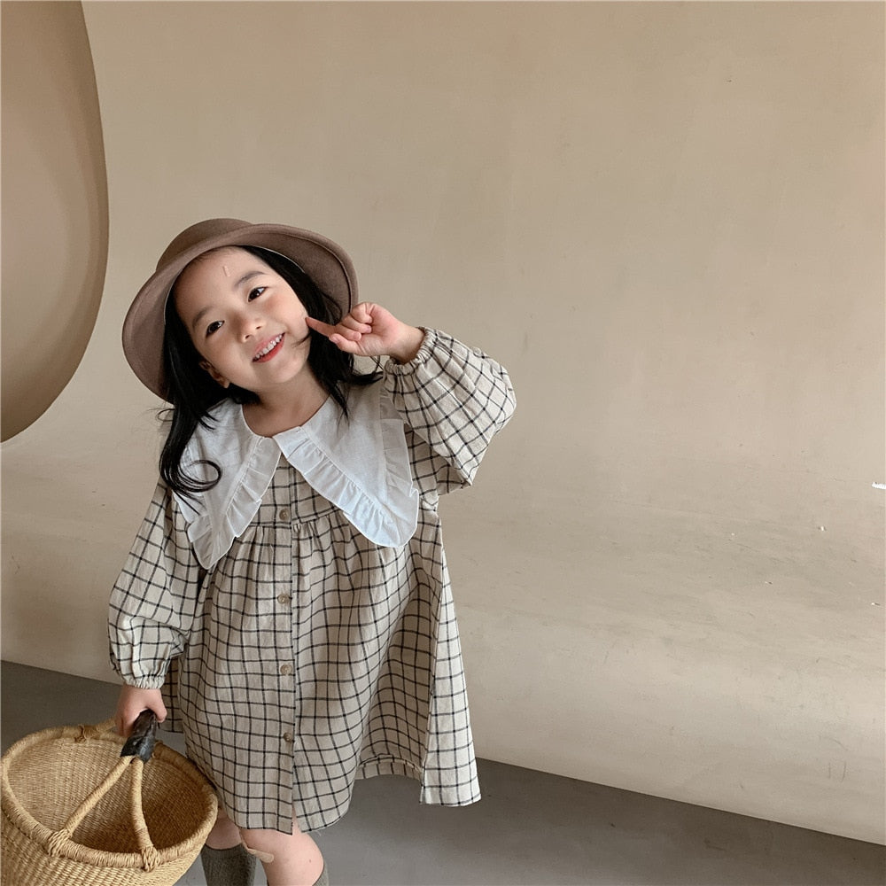 Baby Girls Dress Casual Plaid Clothes Summer 2022 New Korean Cotton Linen Girls Princess Dress