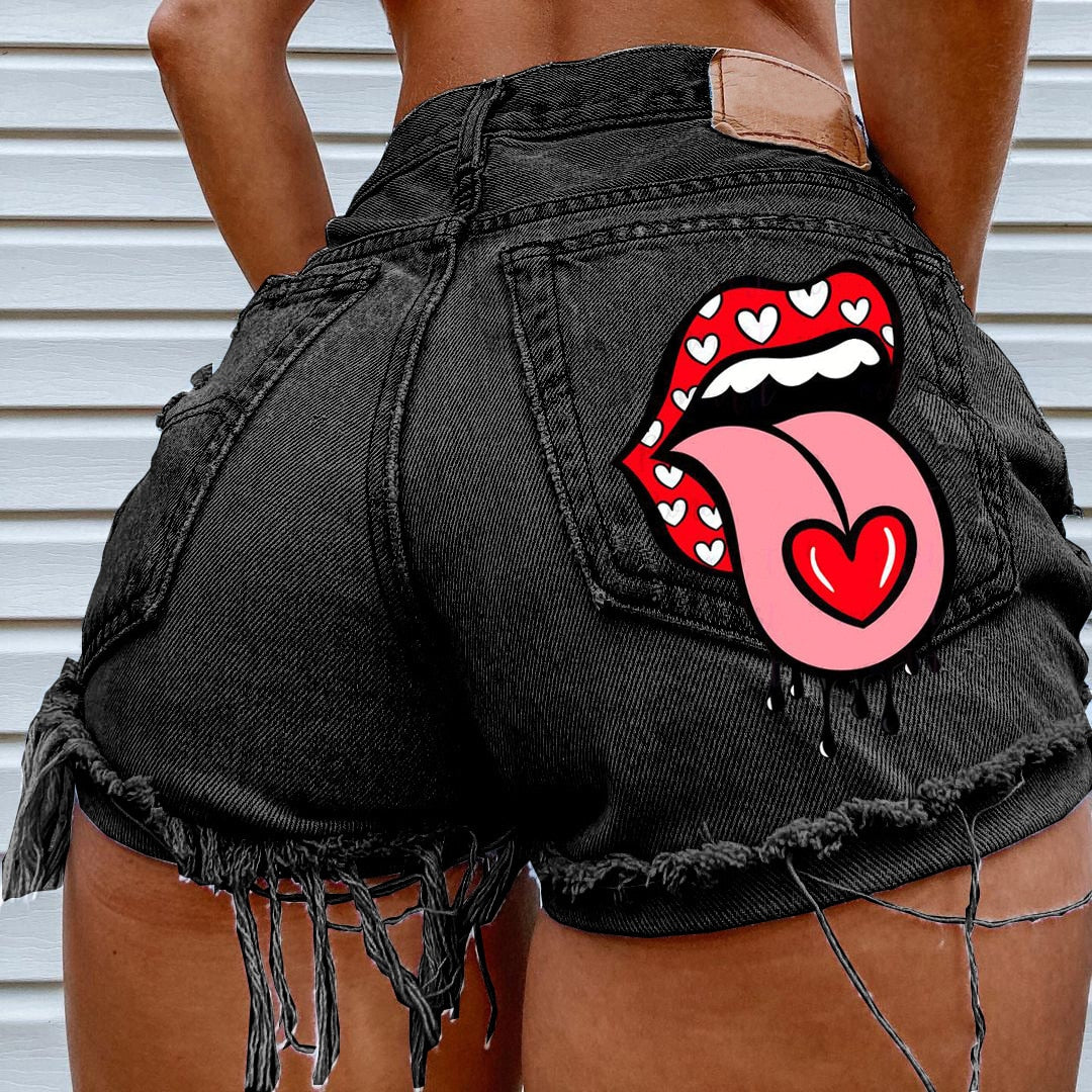 Hot Summer Women's Shorts Pockets Printed Pattern Big Stone Love Ripped Raw INS Influencer
