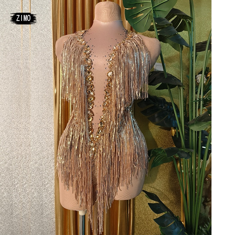 Sparkly Crystals Mesh Bodysuit Feather Outfit Bar Dance Party Dance Costume