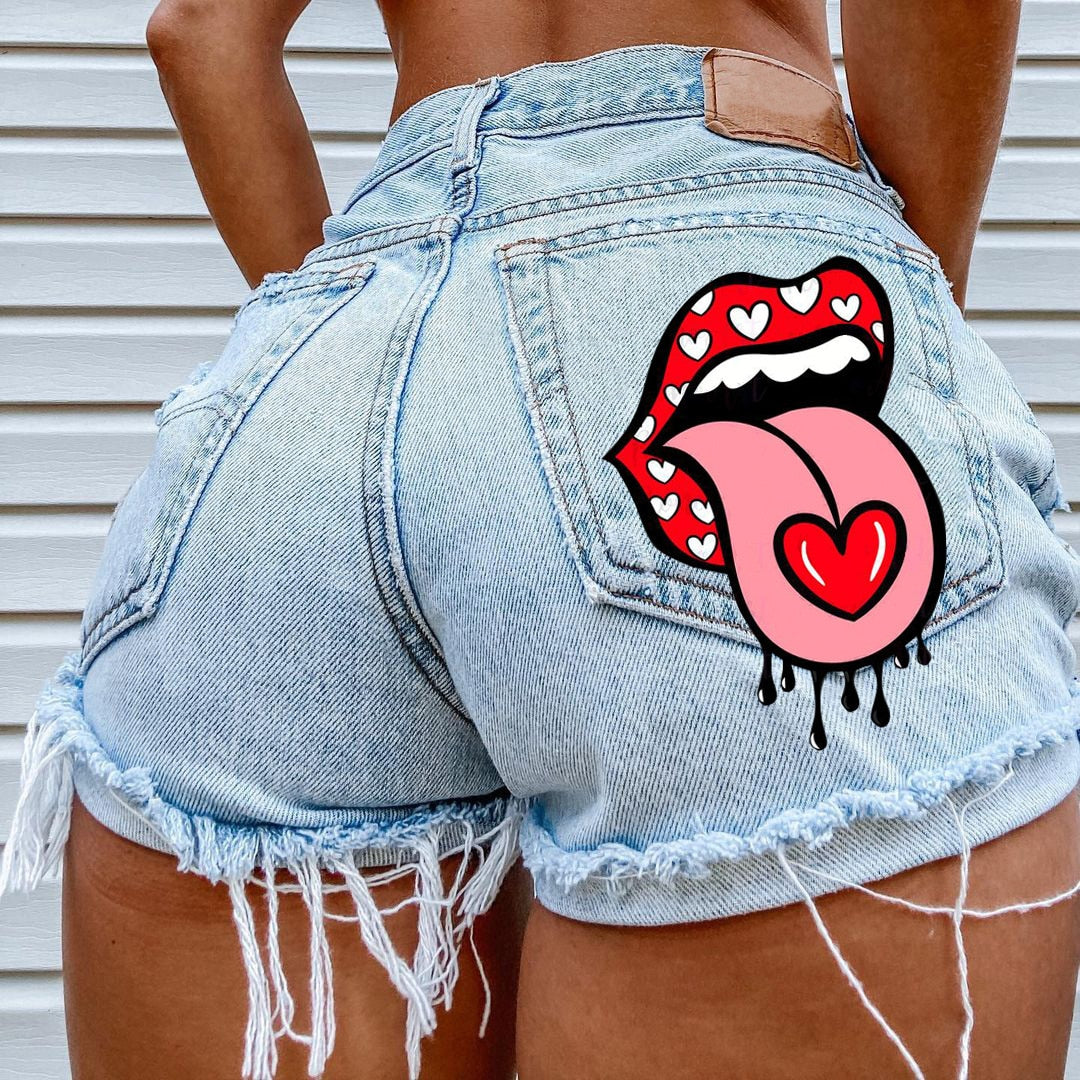 Hot Summer Women's Shorts Pockets Printed Pattern Big Stone Love Ripped Raw INS Influencer