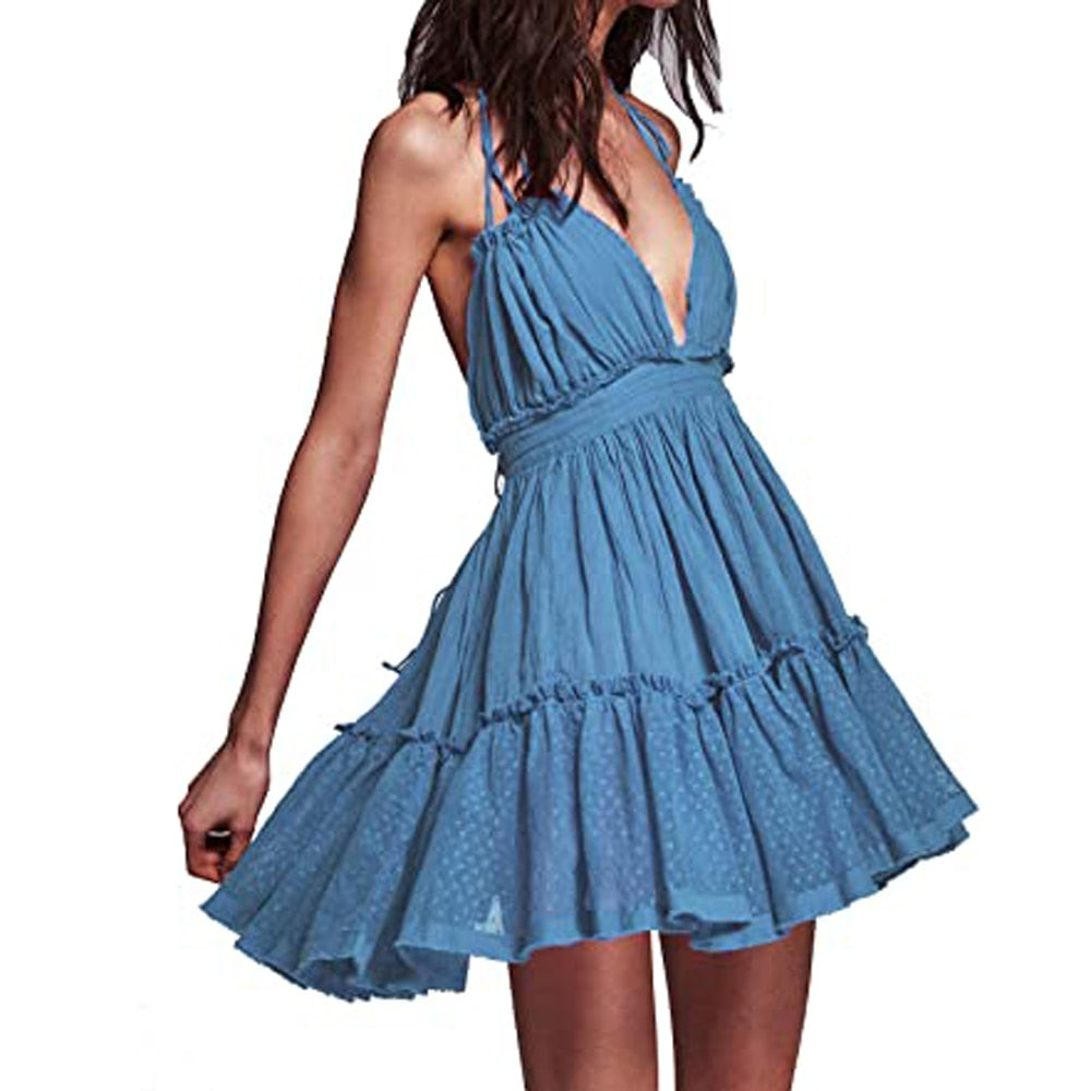 Summer Halter Boho Dress 2022 VERGOODR Women Lace Up Backless Beach Sundress Sexy Ball Gown Hippie Bohemian Tube Dresses Robe