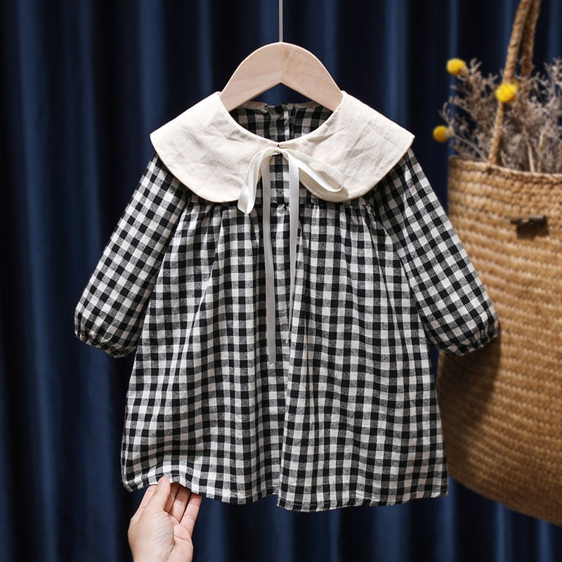 Spring Summer Girls Clothing Cute Children Dresses Kids Baby Girl Plaid Cotton Linen Lapel Collar Dress Long Sleeve Skirt