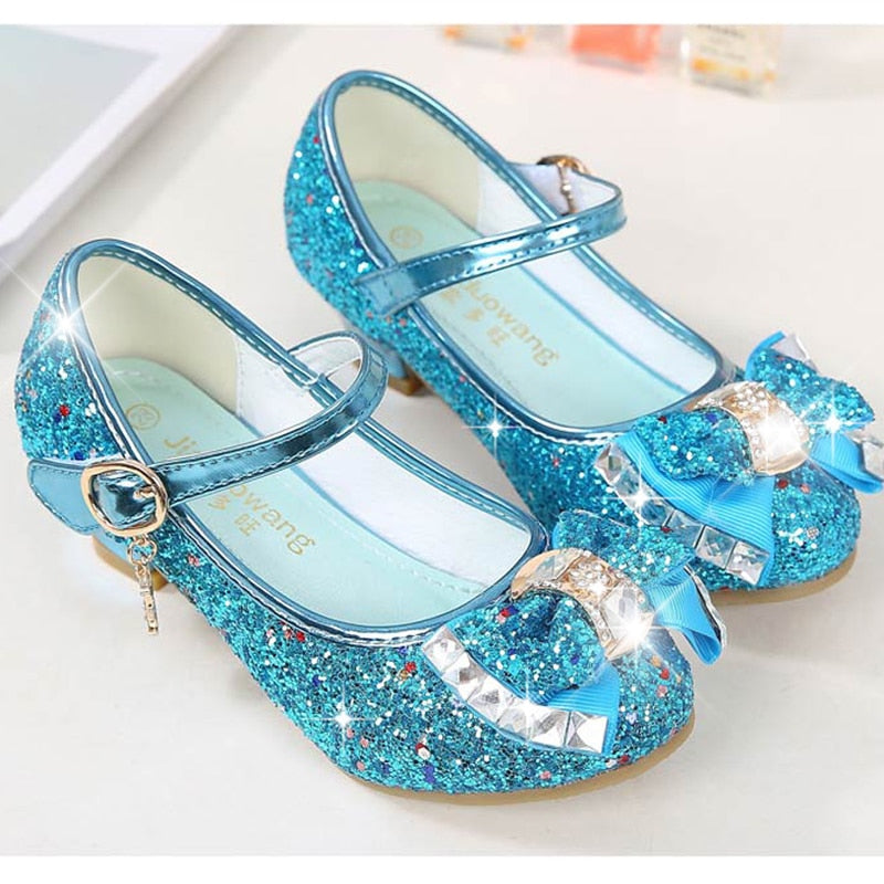 Princess Kids Leather Shoes for Girls Flower Casual Glitter Children High Heel Girls Shoes Butterfly Knot Blue Pink Silver