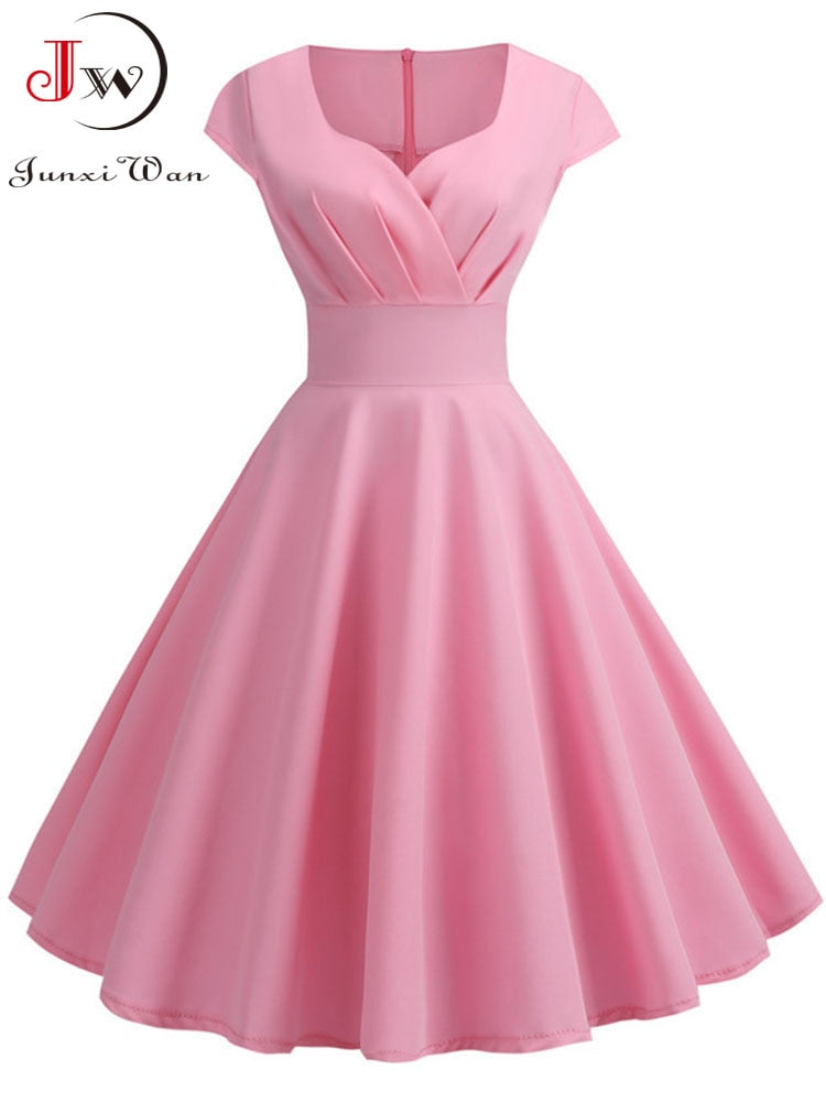 Pink Summer Dress Women V Neck Big Swing Vintage Dress Robe Femme Eleg –  Mega Mart Center