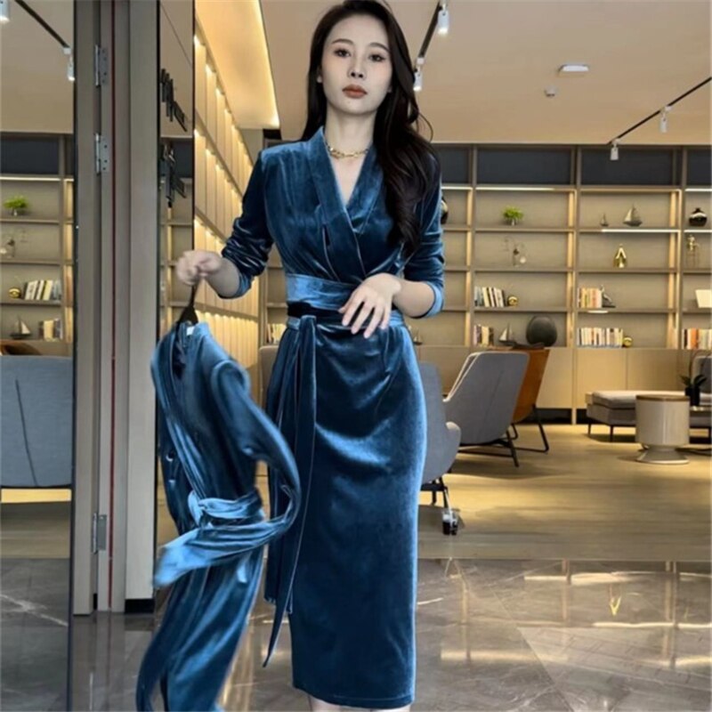 Limiguyue Long Velvet DressHigh Waist Vintage Women V Neck Sheath Sexy Wrap Dress Slim Lace-up Autumn Winter Evening Party T064