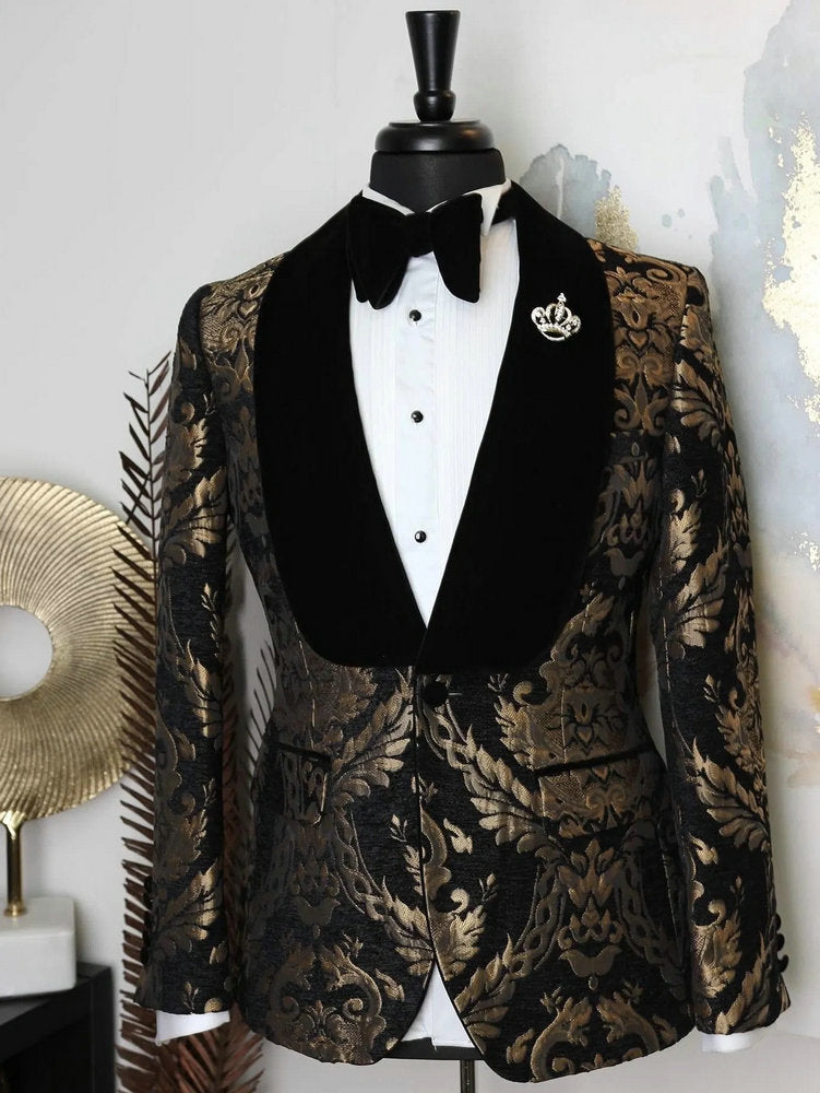 New Elegant 2022 Costume Homme Shawl Lapel Black Jacquard Dinner Party Groom Wear Men Wedding Suits For Men Prom Tuxedo Blazer