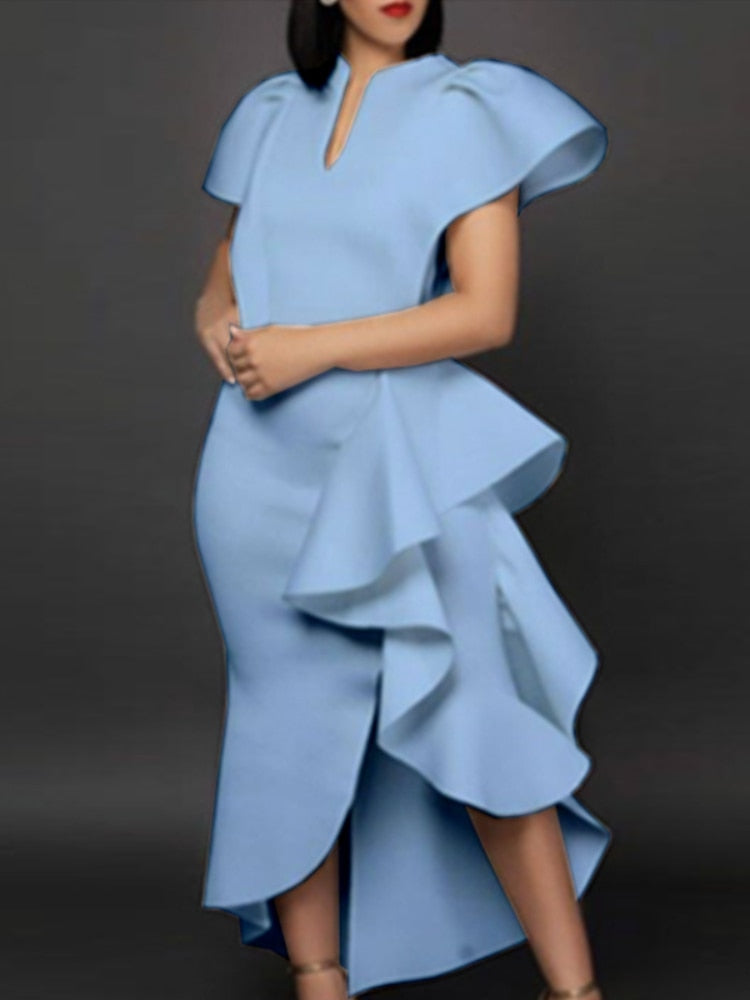 Stylish Occasion Women's White Party Dresses Irregular Ruffles Slit Contrast Sexy Vestido Date Out Night Celebrate Event Robes