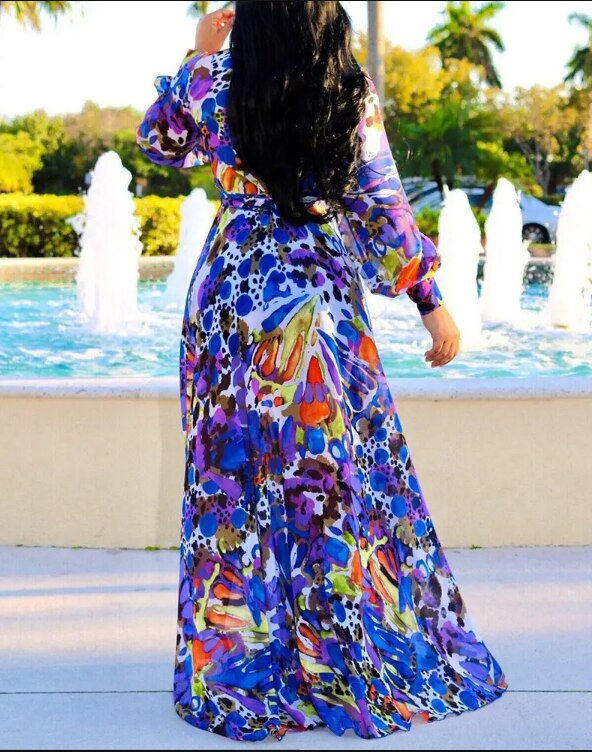 Sexy Women's long dress, Sexy Deep V Tropical Print Belt Warp Maxi Dress,
