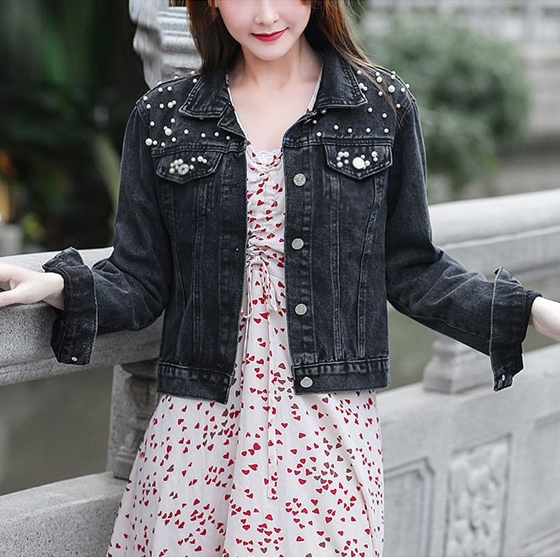 Designer Pearl Beading Black Short Jean Jackets Korean Chi Street Jeans Jacket Chi Cotton Collar Blue White Cropped Denim Coat