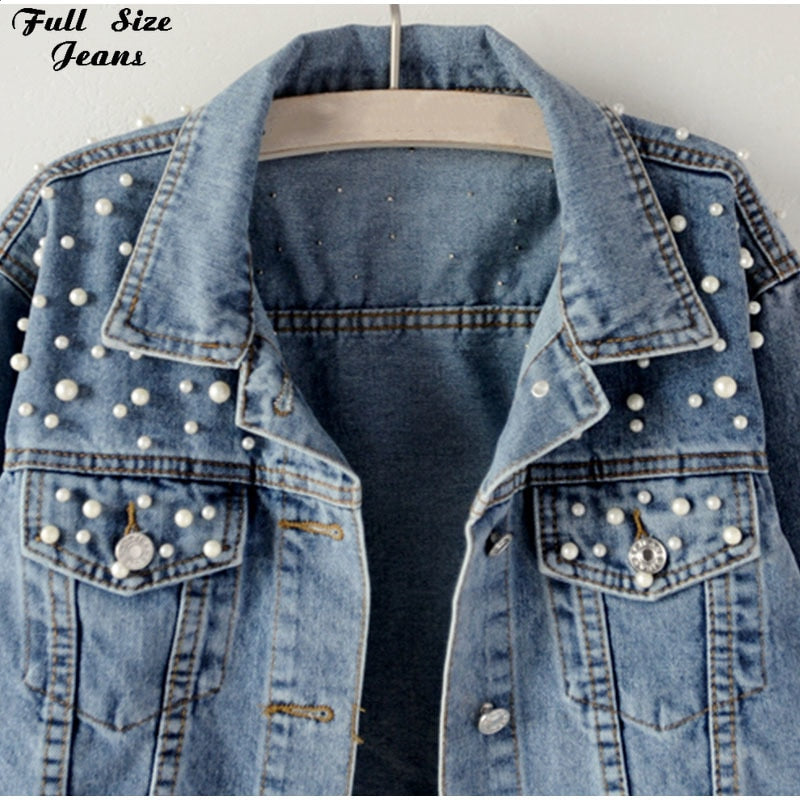 Designer Pearl Beading Black Short Jean Jackets Korean Chi Street Jeans Jacket Chi Cotton Collar Blue White Cropped Denim Coat