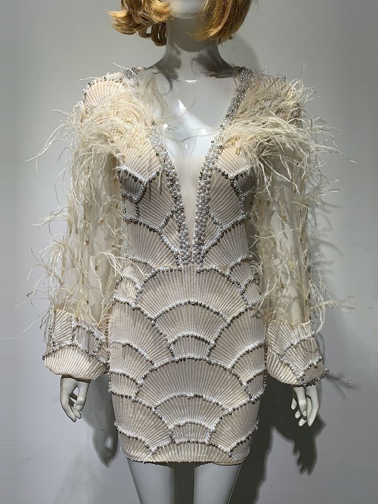Sexy Women's Sexy V-neck Beaded Dress Beaded Long Sleeve Feather Wine Dress