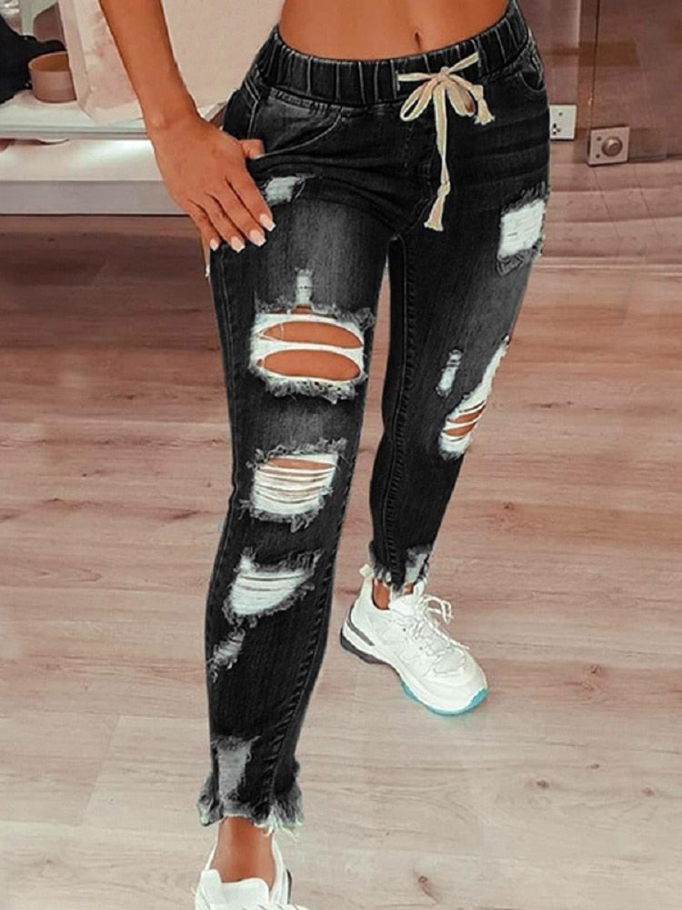 Drawstring Denim Jeans For Women Ripped Hole Stretch Jean Ladies Full Length Pencil Pants