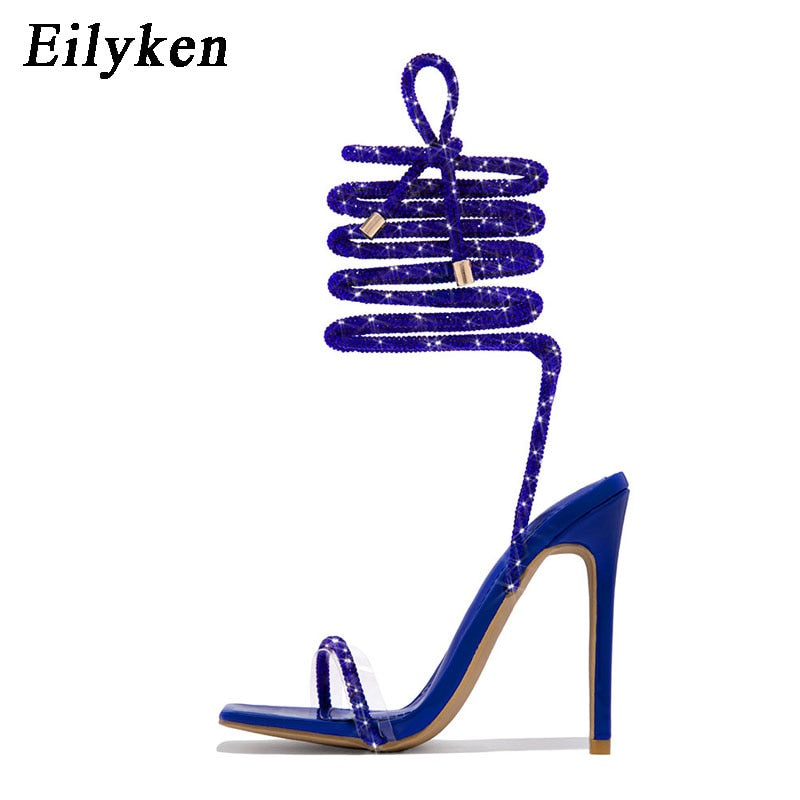 Eilyken Transparent Crystal Rhinestone Women Sandals Ankle Lace-up Square Toe Wedding Party High Heels Female Shoes