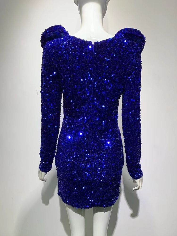 2022 Sexy Fashion High Quality Women's Blue Sequins Luxury Sexy V-neck Long Sleeve Dress