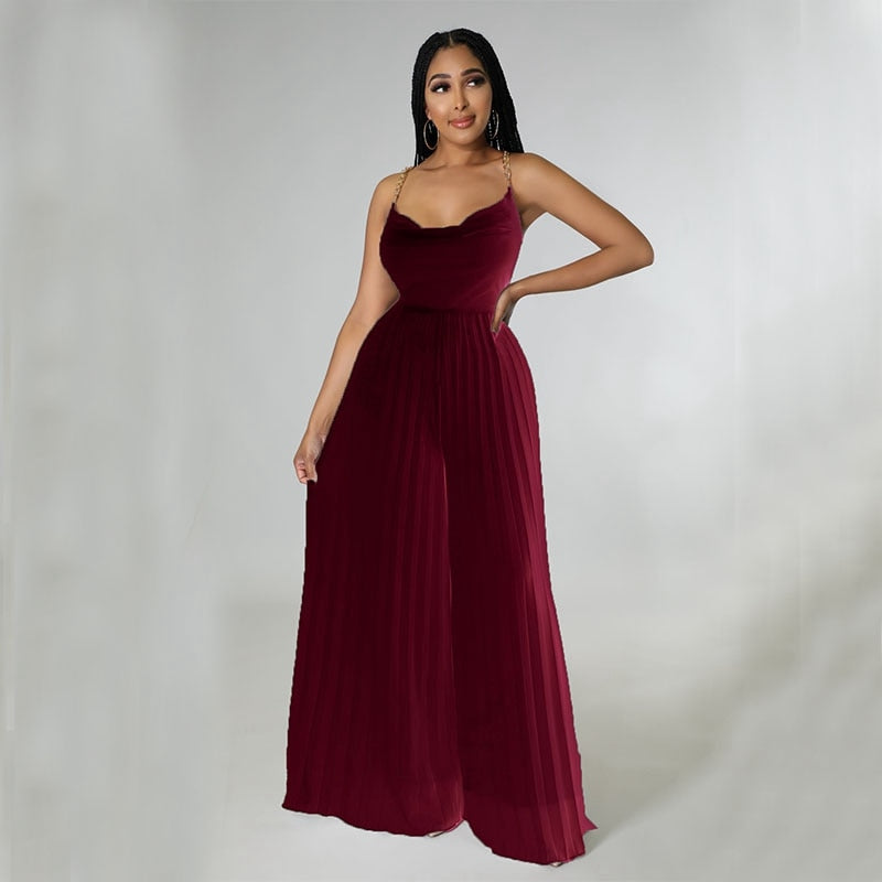 Sexy Women Solid Chiffon Jumpsutis Summer Chain Spaghetti Strap Backless Pleated Overall