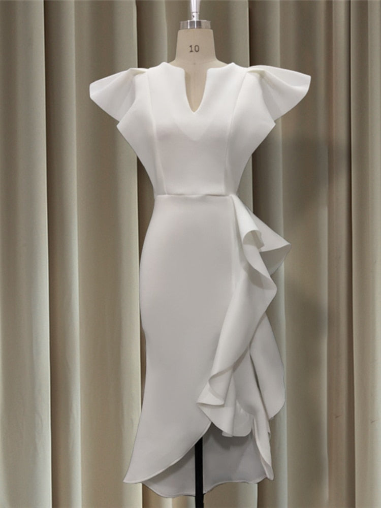 Stylish Occasion Women's White Party Dresses Irregular Ruffles Slit Contrast Sexy Vestido Date Out Night Celebrate Event Robes